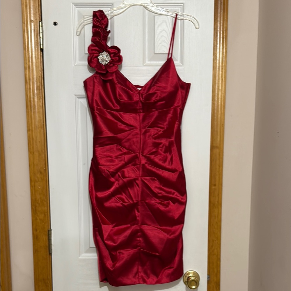 Elegant Red Satin Dress with Floral Detail